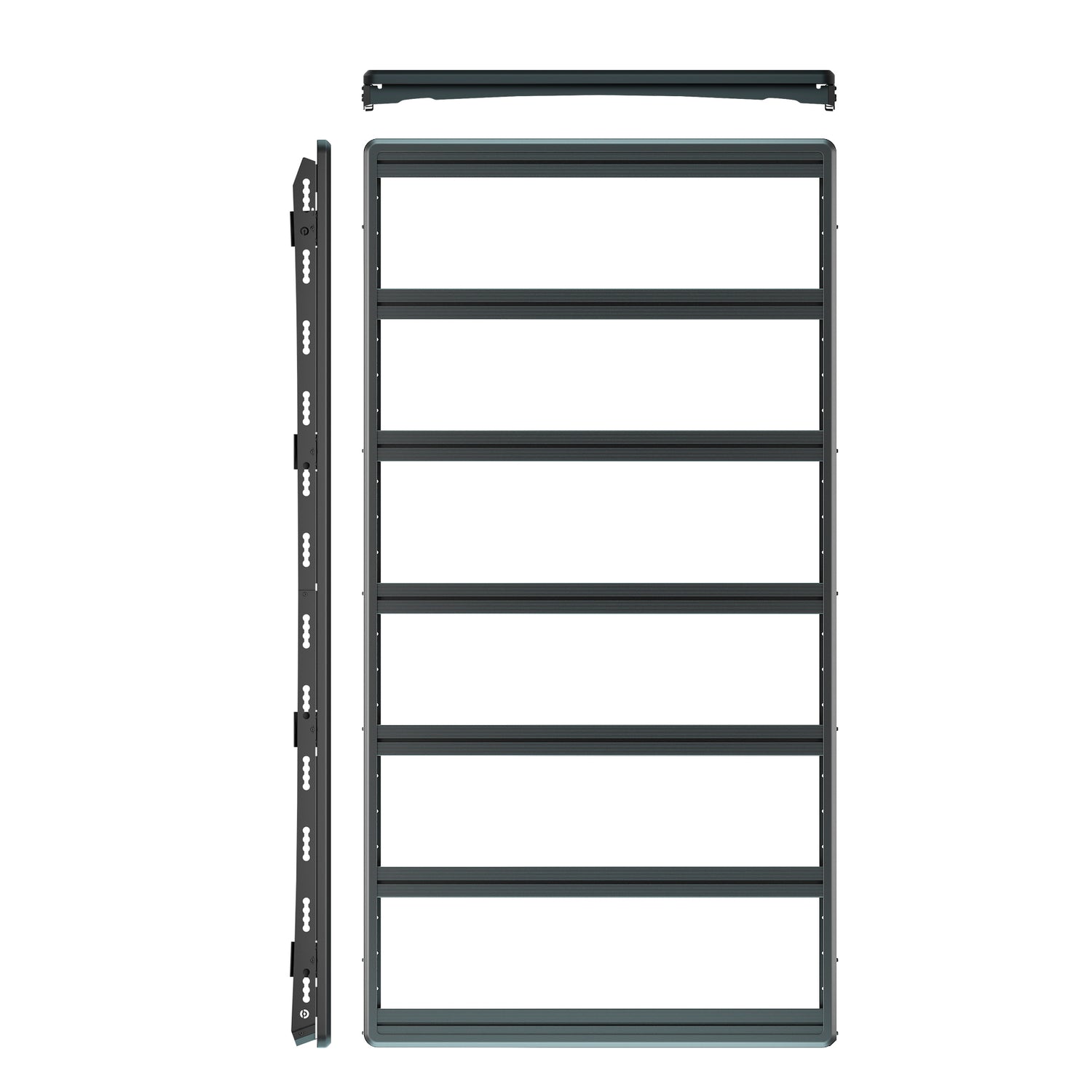 Zerlegte Airholder‑Plattform, Draufsicht: rechteckiger Rahmen mit sechs Querstreben und lose Seitenteile.