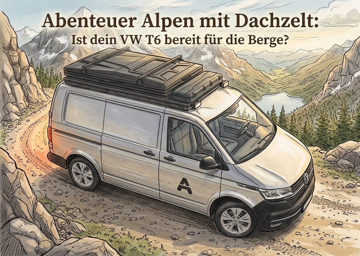 Eine Illustration im Aquarellstil, die einen silbernen VW T6 mit Dachzelt und Expeditions-Dachträger auf einer schmalen Bergstraße zeigt. Im Hintergrund sind die Alpen und ein Bergsee zu sehen.