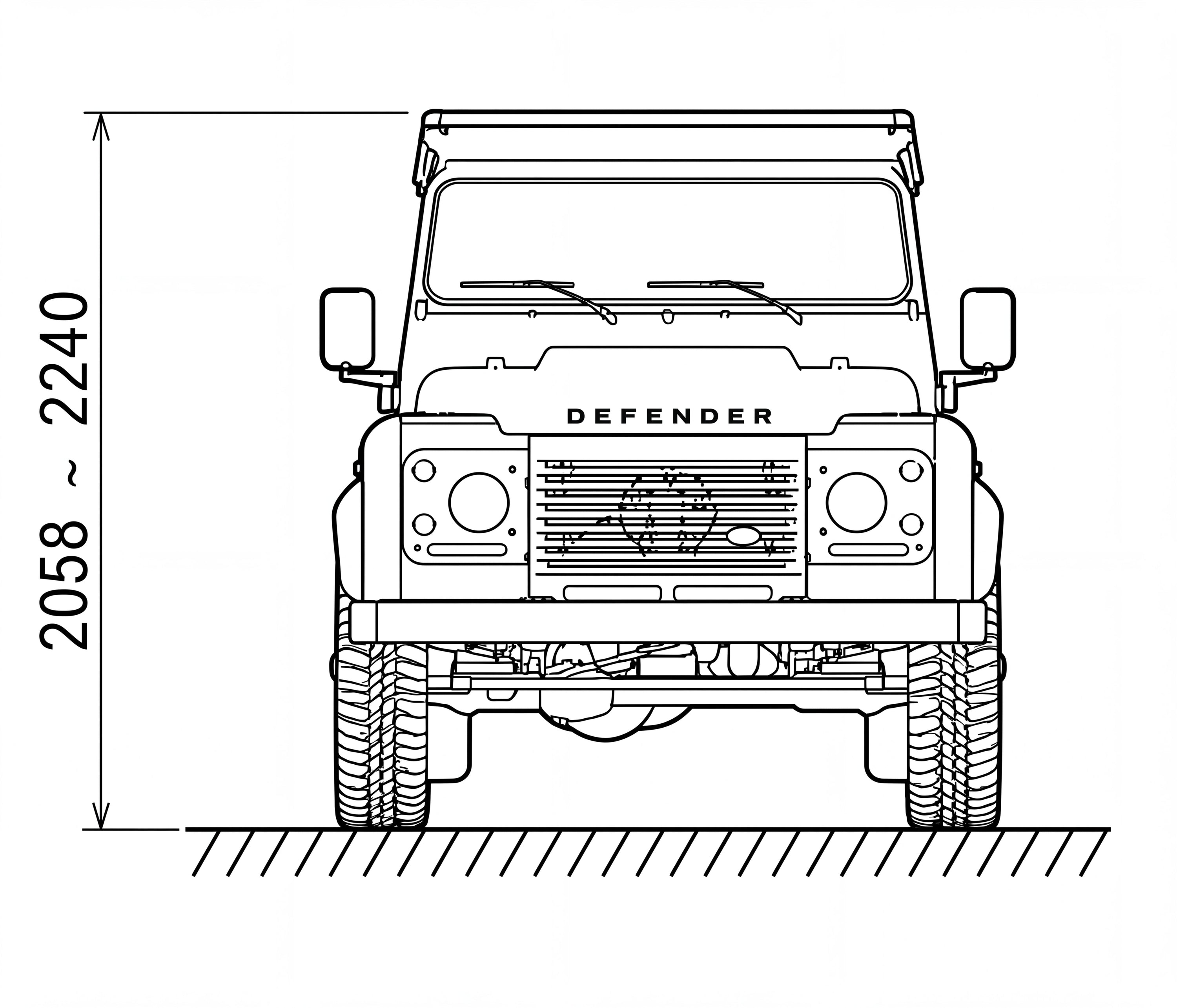 Technische Zeichnung: Gesamthöhe eines Land Rover Defender 110 (Baujahr 1990-2016) inklusive Airholder Dachträger (Maße 2058 bis 2240 mm).