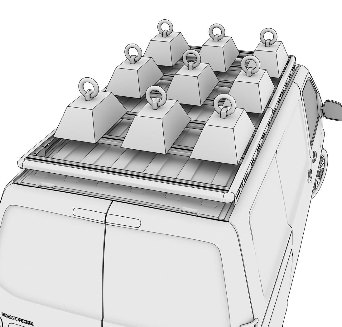 Das Bild zeigt eine technische Illustration eines VW Transporter mit einer Dachträger-Plattform auf dem Fahrzeugdach.