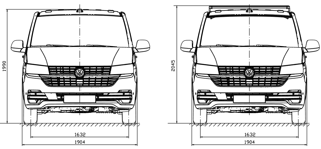Technische Frontansicht eines Volkswagen Transporter T5 T6 mit und ohne Dachträger. Links beträgt die Höhe 1990 mm, rechts mit Dachträger 2045 mm. Die Breite bleibt unverändert.