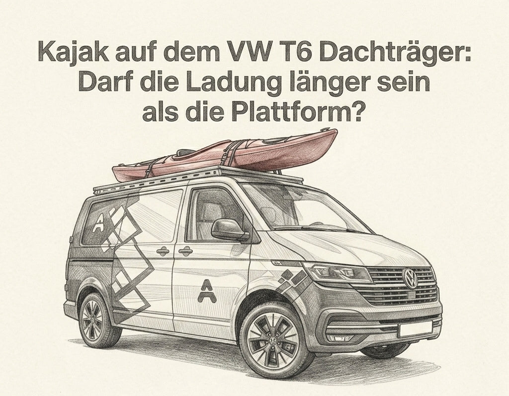 Skizze eines VW T6 mit Airholder-Dachträger und Kajak auf dem Dach, Blogcover zur StVO-Frage nach Überstand der Ladung.