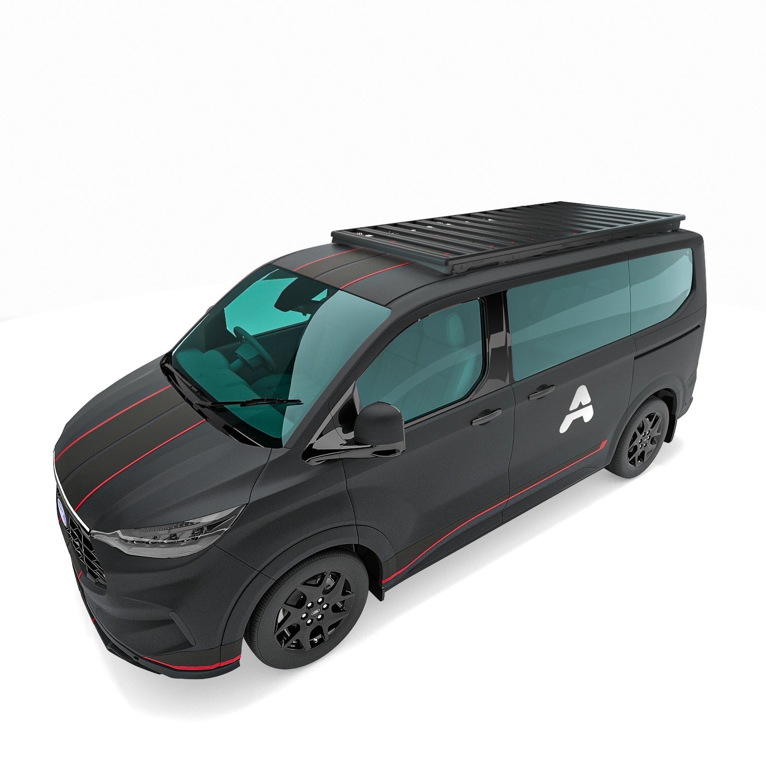 Das Bild zeigt einen schwarzen Ford Tourneo Custom mit montierter Airholder Dachplattform. Der flache, vollflächige Dachträger eignet sich ideal für Vanlife, Camping-Ausbau und den sicheren Transport von zusätzlichem Equipment.