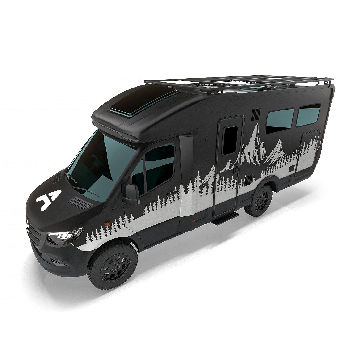 Reisemobil/Campervan in Schwarz mit Airholder Dachträger (Dachplattform) und auffälliger Berg-Silhouette an der Seite – ideal für Overlanding, Camping-Zubehör und zusätzliche Dachladung.