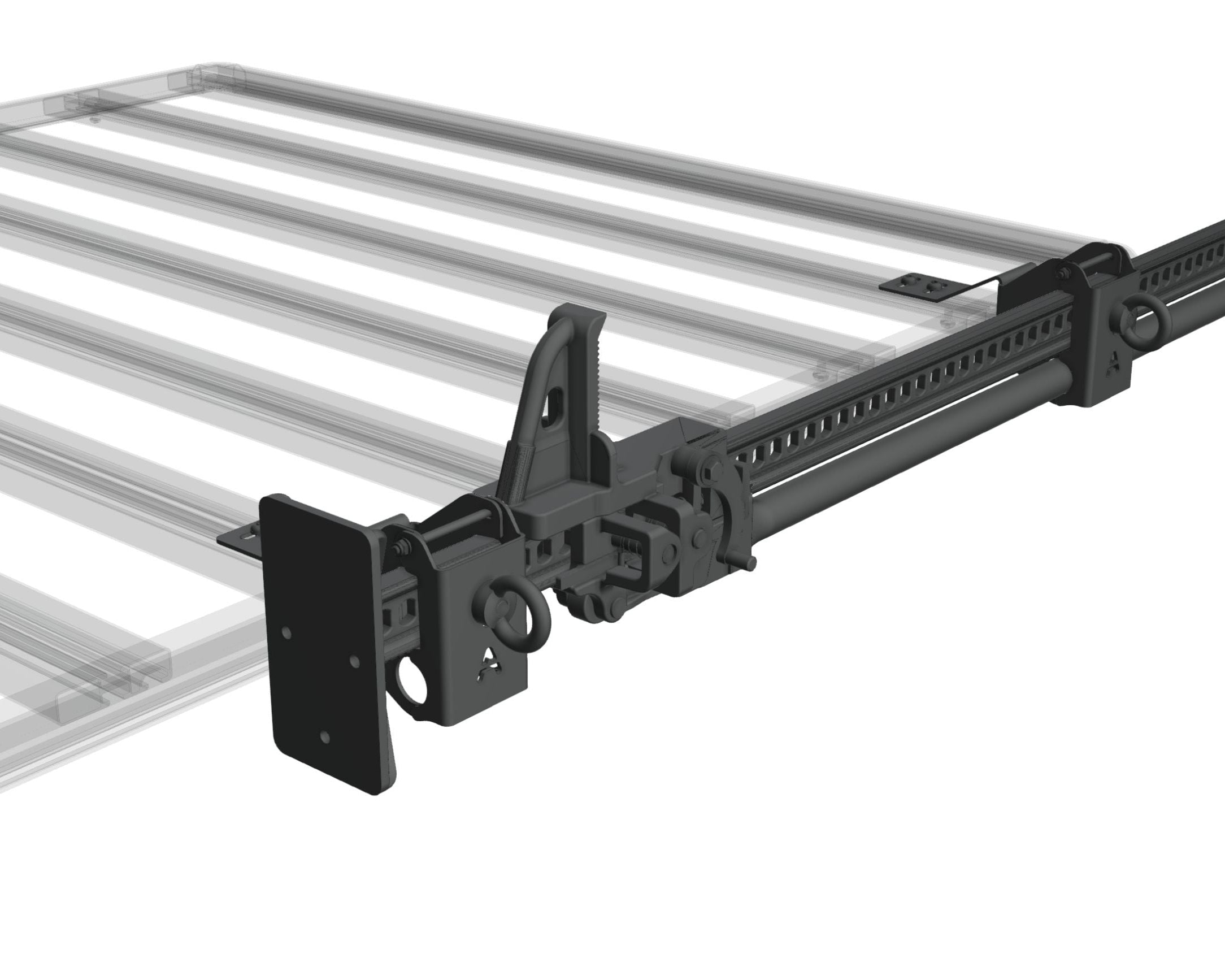 3D-Render: Seitlich am Außenprofil der Airholder Dachträger-Plattform ist ein Hi-Lift/Wagenheber in einem massiven Halter geführt und fixiert. Der Halter besteht aus einem Winkel-/Adapterteil, das in das Aluminiumprofil eingeschoben wird, und trägt eine stabile Klemmmechanik mit Lochleiste, damit der Wagenheber auch bei Vibrationen sicher sitzt. Zusätzlich ist vorne eine Montageplatte für weitere Anbauteile integriert, und am Eckhalter befindet sich eine Ringöse als Zurrpunkt für Spanngurte oder Karabiner. 