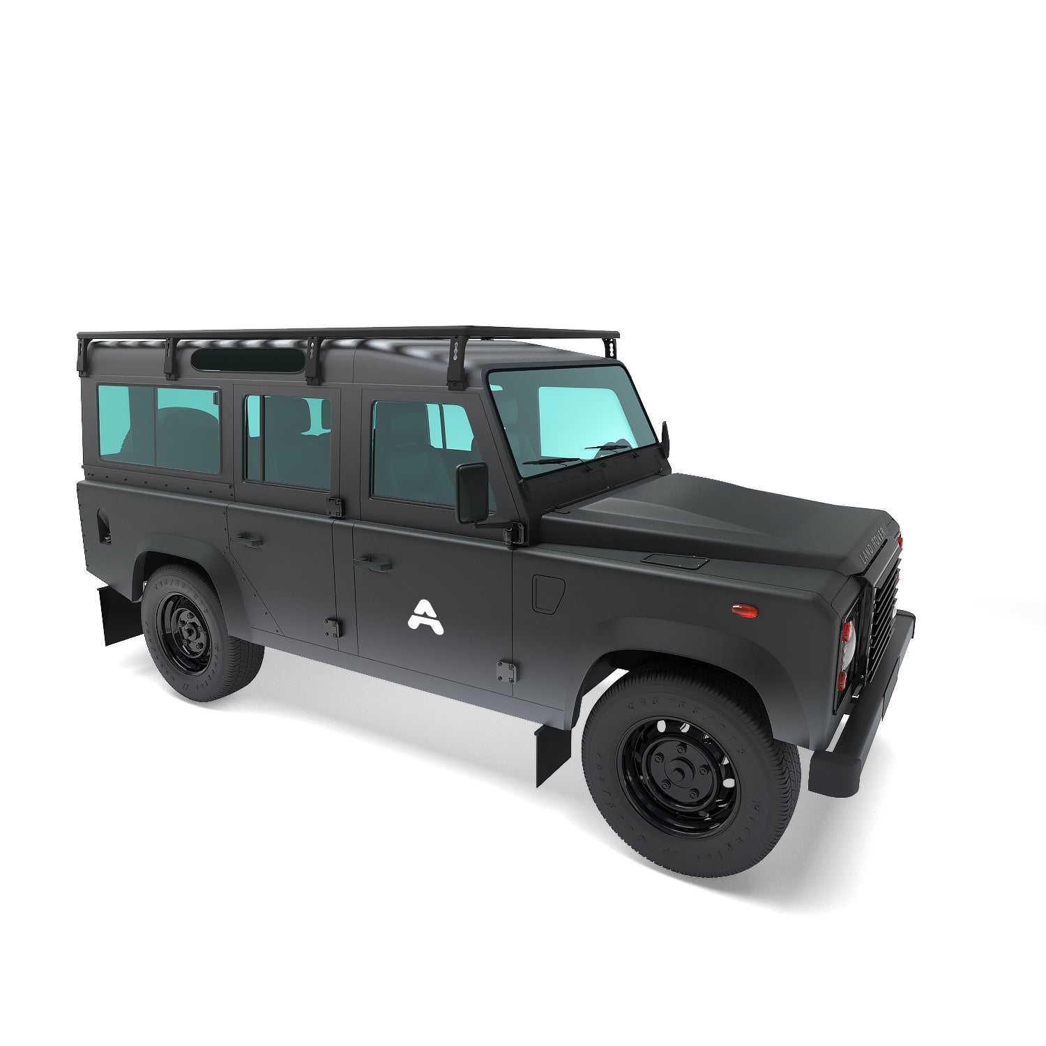 osition / Perspektive: Dreiviertelansicht von vorne rechts, leicht von oben (Front rechts oben).

Das Bild zeigt einen Land Rover Defender 110 in Studioansicht aus der Dreiviertelperspektive von vorne rechts, leicht von oben. Auf dem Dach ist eine Airholder Dachträger-Plattform montiert, die als umlaufender Rahmen mit seitlichen Stützen und offenen Feldern eine robuste, durchgängige Dachfläche schafft. Die Konstruktion ist für Offroad- und Overlanding-Setups ausgelegt und bietet viele Montagepunkte für Zub
