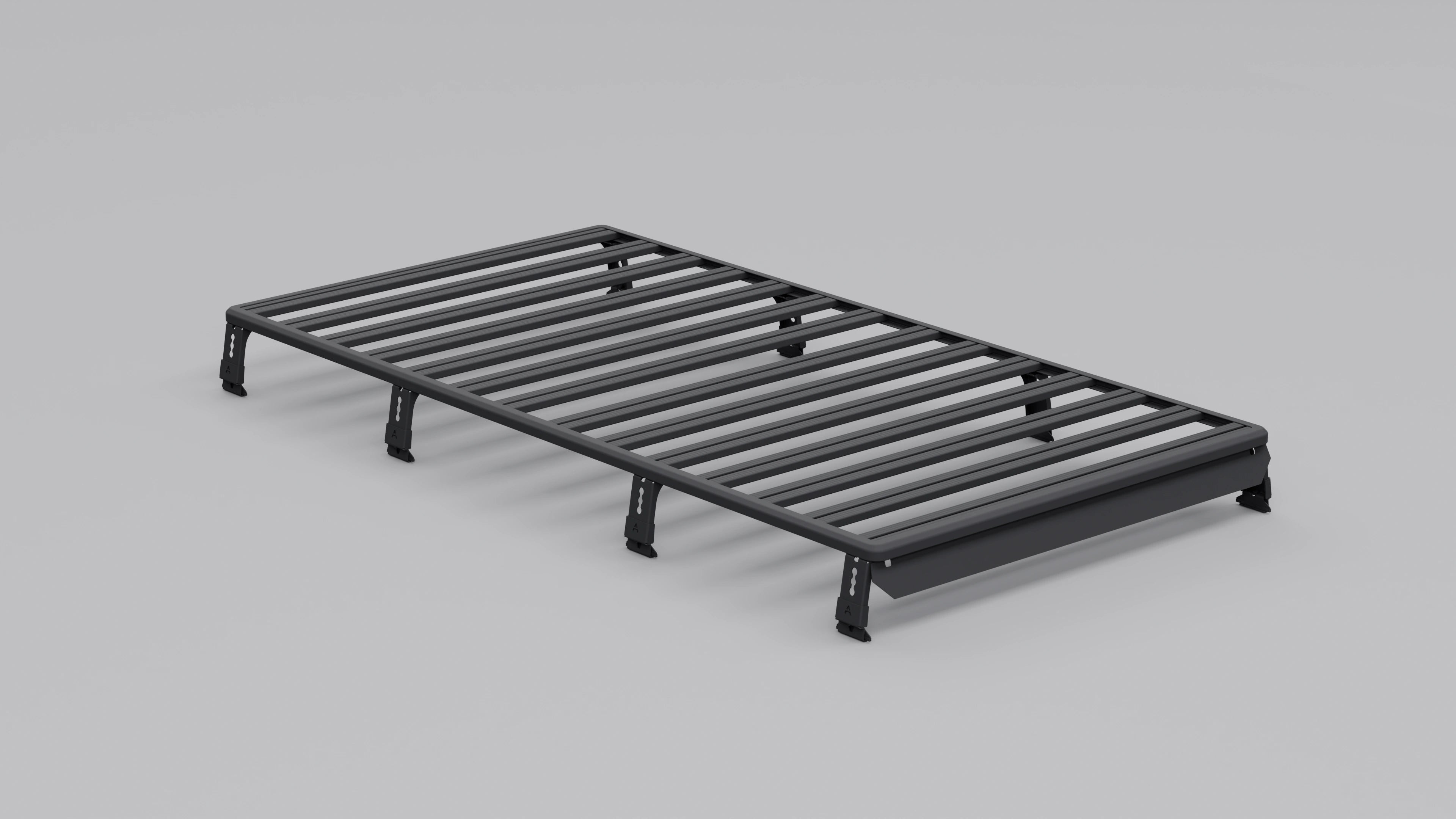 Modularer Dachträger aus Aluminium für Land Rover Defender 110 – Schwarz pulverbeschichtet, flaches Plattform-Design.