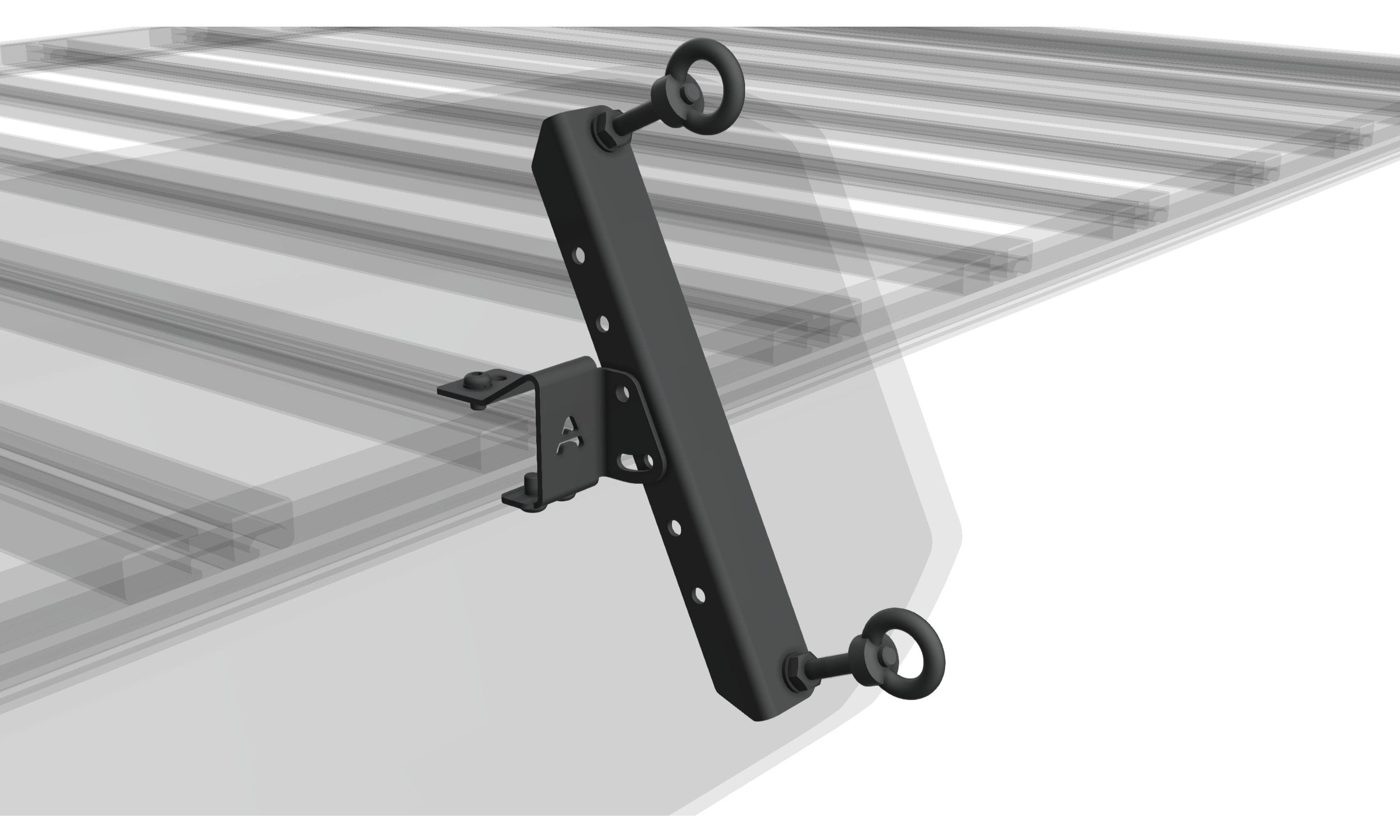 Seitliche Universalhalterung für Bergungsboards/MAXTRAX am Airholder-Dachträger – lange Halteschiene mit Lochraster und zwei Ringösen (3D-Render)
