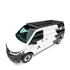 Auf dem Bild ist ein weißer VW Transporter (Kastenwagen) in einer Studioansicht zu sehen, ausgestattet mit einer Airholder Dachplattform (Dachträger) in Low-Profile-Bauweise. Die Plattform bedeckt einen großen Teil der Dachfläche und bietet eine stabile Basis für Transportboxen, Solarpanels, Camping- und Arbeitszubehör. Der Blickwinkel ist eine Dreiviertelansicht von vorne links, leicht von oben, wodurch die Größe und die integrierten Querstreben der Dachplattform gut erkennbar sind. Ideal für Vanlife, Hand