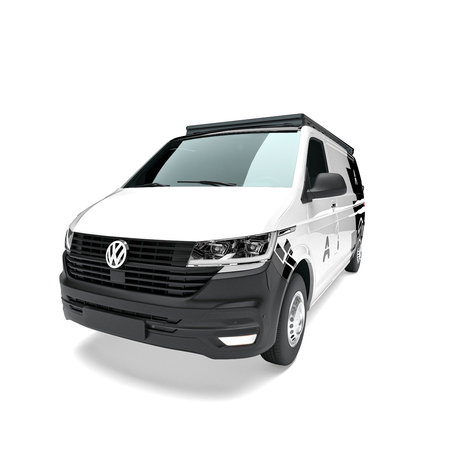 Weißer VW Multivan (langer Radstand/LWB) in Studioansicht mit Airholder Dachträger in Low-Profile-Optik – sauber integrierte Lösung für Dachzubehör, Front links oben.