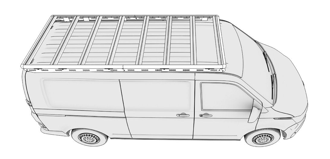 Schrägansicht von oben, leicht von vorne rechts: zu sehen ist ein VW T6 (langer Radstand) mit montierter Airholder Dachplattform, die als großflächiger Dachträger das Fahrzeugdach nahezu vollständig abdeckt. Die umlaufende Rahmenkonstruktion und die Querstreben bieten eine stabile Basis für Dachzubehör wie Boxen, Markise oder Solarmodule. Die Darstellung zeigt die Position der Plattform entlang der gesamten Dachlänge sowie die gleichmäßige Aufteilung der Querträger für eine flexible Zubehörmontage.
