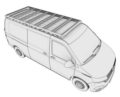In dieser Ansicht von oben aus schräger Perspektive (leicht von vorne links) ist ein VW T6 mit langem Radstand zu sehen, auf dessen Dach eine Airholder Dachplattform montiert ist. Der Dachträger erstreckt sich fast über die komplette Dachlänge und besteht aus einem umlaufenden Rahmen mit mehreren Querträgern. So entsteht eine robuste, offene Ladefläche, die sich für Zubehör wie Dachboxen, Markisen oder Solarmodule eignet und viele flexible Befestigungspunkte bietet.
